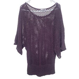 Purple Open-Knit Batwing Sweater Top WD-NY Woman 1X Lightweight Cotton Blend Fis